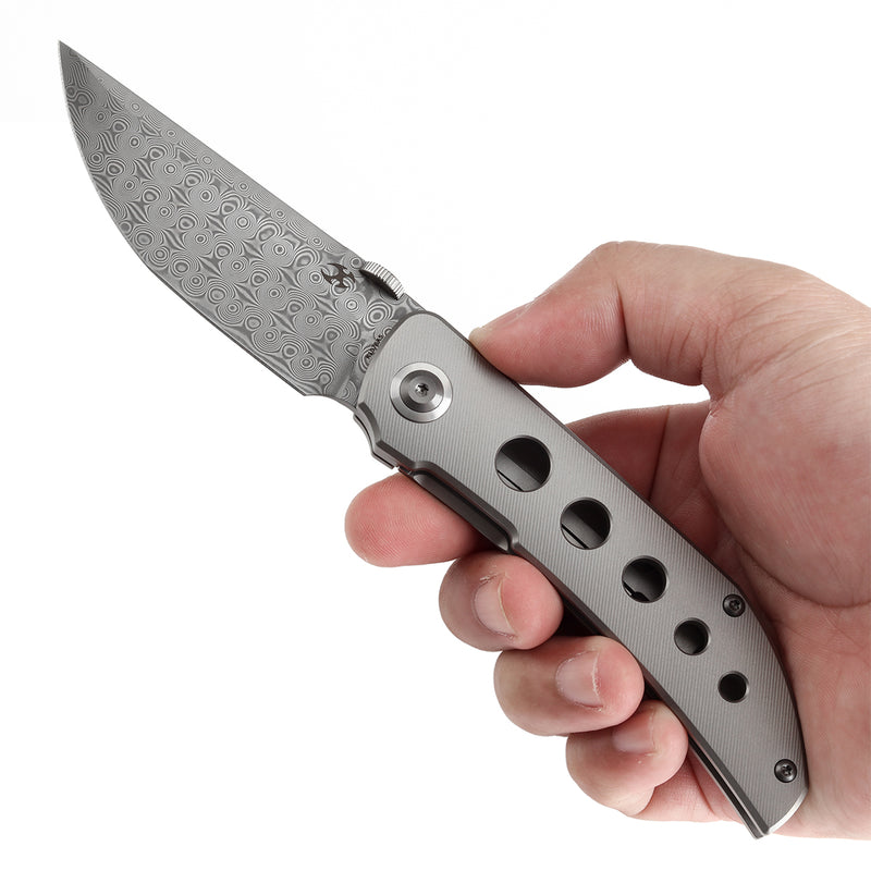 KANSEPT Tarkin Frame Lock Knife Bead Blasted Titanium with Holes Handle (3.36'' Damascus Blade) Matthew Christensen Design - K1078A5