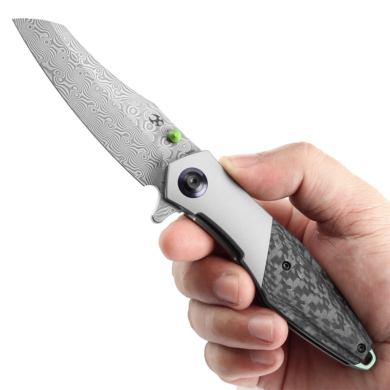 KANSEPT Thumb Stub Mistaken Beadblasted Titanium and Twill Carbon Fiber  (3.15" Damascus) Jonathan Styles Design- K1053D1