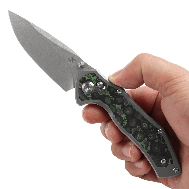 KANSEPT Apollo Cross Bar Lock Stonewashed Titanium and Jungle Wear Fatcarbon Handle (3.11“ CPM S35VN Blade) with War Blades Design-K2107V1