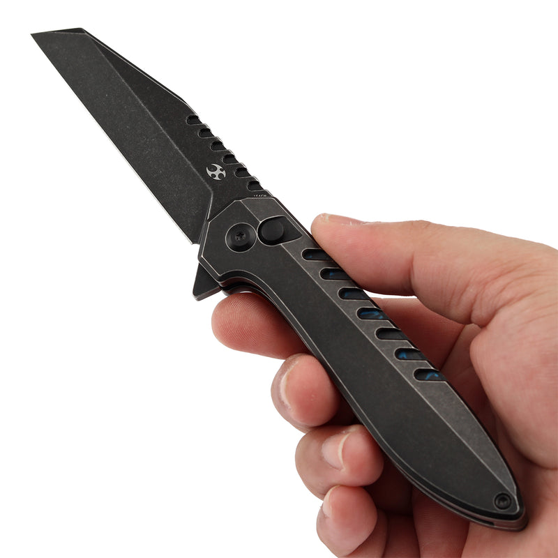 KANSEPT Kosame Button Lock Blackwash Titanium with Blue Carbon Fiber Inlay (3.37" 154CM Blade) with EI Spade Design-T1093F2
