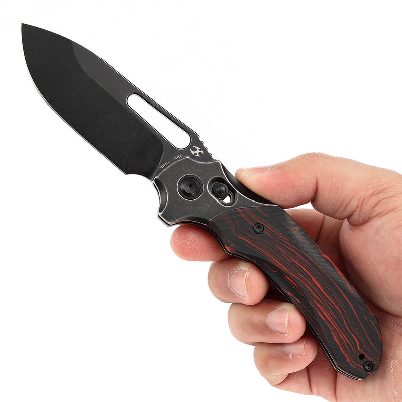 KANSEPT Quasar Cross Bar Lock Red and Black G-mascus Handle (3.38"  154CM Blade) with Munko Knives Design-T1099V4
