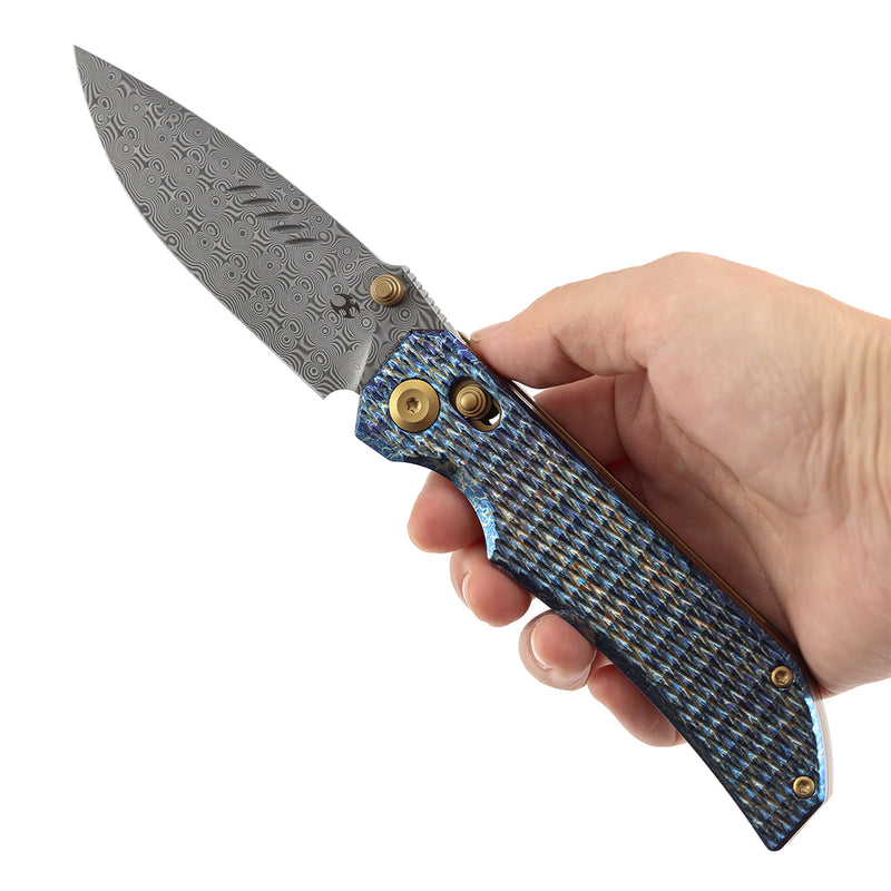 【Preorder】Ship by Dec 10th-KANSEPT Eaglestrike Crossbar Lock Knife Lightning Strike Finish Titanium with Diamond Pattern Handle(3.73'' Damascus Blade) James Lowe Design-K1095V5