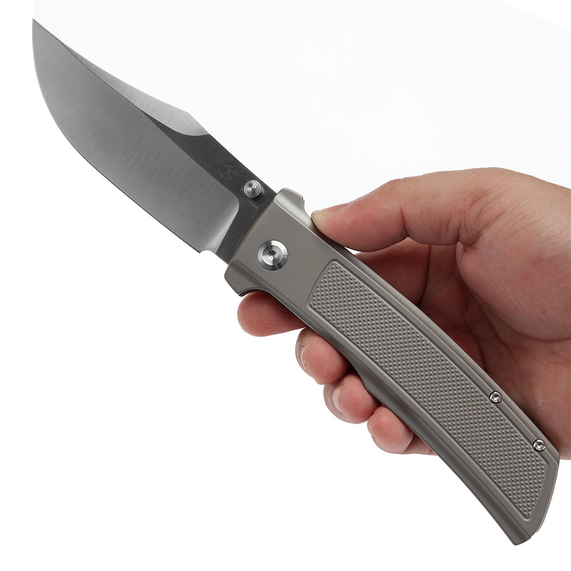 KANSEPT Bison Thumb Stub Plain Titanium with Frag Pattern Handle (4.25" CPM S35VN Blade) with Ray Laconico Knives Design-K1108A1