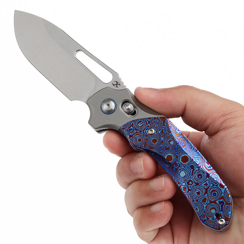 KANSEPT Quasar Cross Bar Lock Stonewashed Titanium and Timascus Handle (3.38" CPM 20CV Blade) with Munko Knives Design-K1099V4