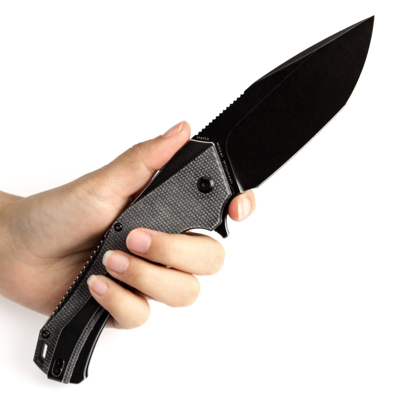KANSEPT Hellx Button Lock Black Micarta Handle (3.6''D2 Blade ) Mikkel Willumsen Design - T1008F4