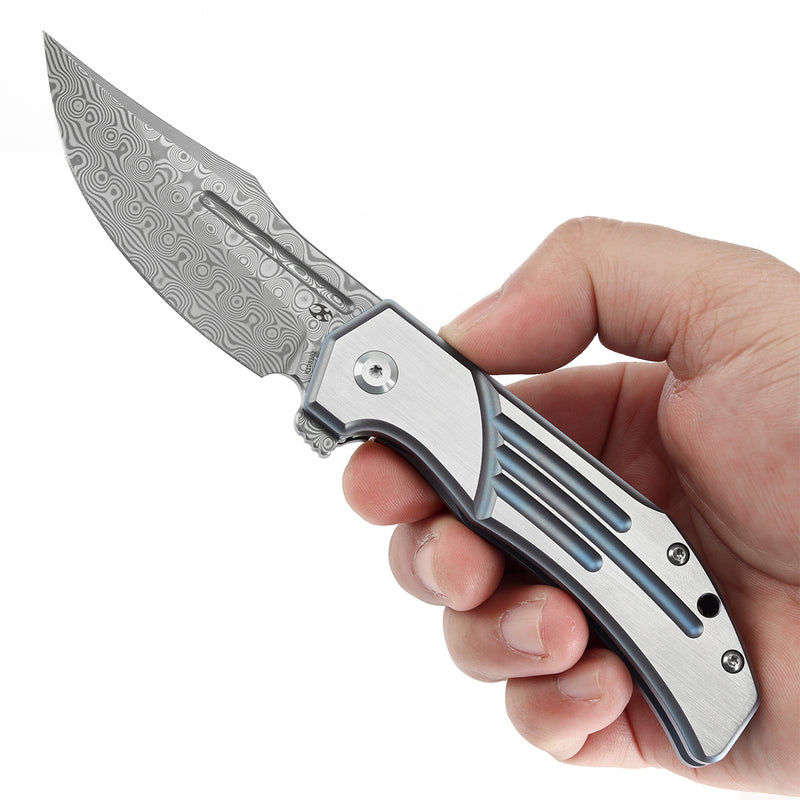 KANSEPT Orion Limited-version Flipper Blue Anodized and Machine Satin Titanium Handle (3.07''Damascus Blade) JB Stout Design -K1089B2