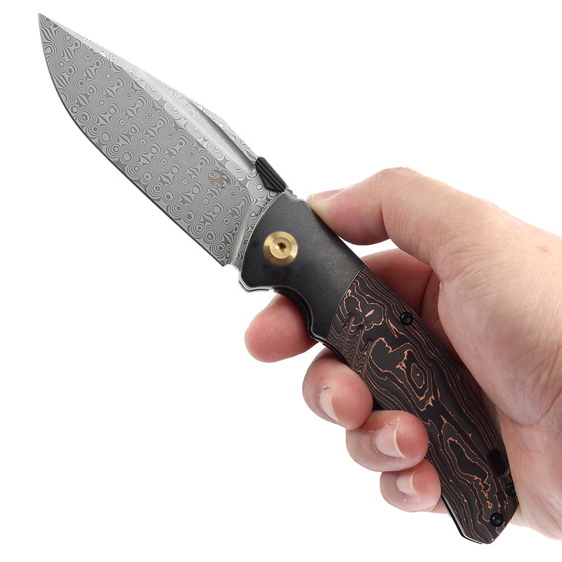 KANSEPT Hinterland Thumb Stub Blackwash Titanium and Copper Carbon Fiber Handle (3.58"Damascus Blade) Morgan Koens Design-K1057A3