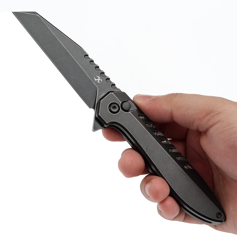 KANSEPT Kosame Button Lock Blackwash Titanium with Copper Carbon Fiber Inlay (3.37" 154CM Blade) with EI Spade Design-T1093F3