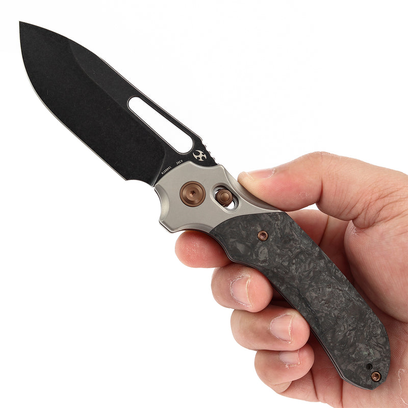 KANSEPT Quasar Cross Bar Lock Stonewashed Titanium with Dark Matter Glow FatCarbon Handle (3.38" CPM 20CV Blade) with Munko Knives Design-K1099V1