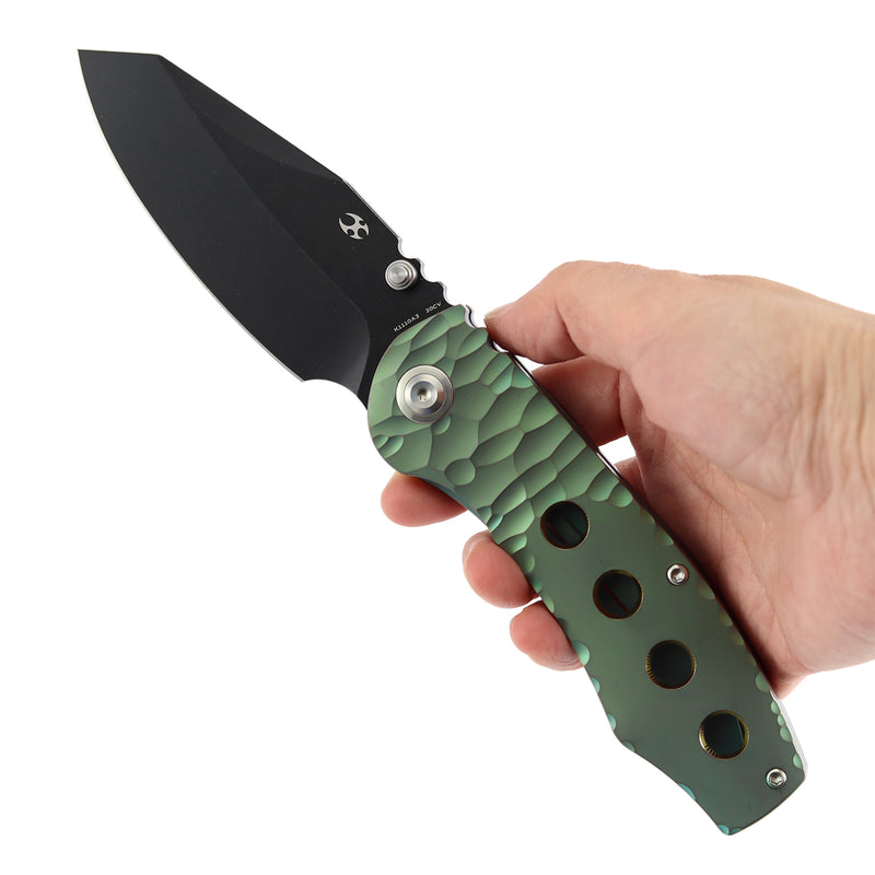Kansept Caveman | Frame Lock | Green Anodized and Stonewashed Titanium with CNC-machined Rock Pattern | 3.57" CPM 20CV Blade |  Jesse Pauley Designed | K1110A3