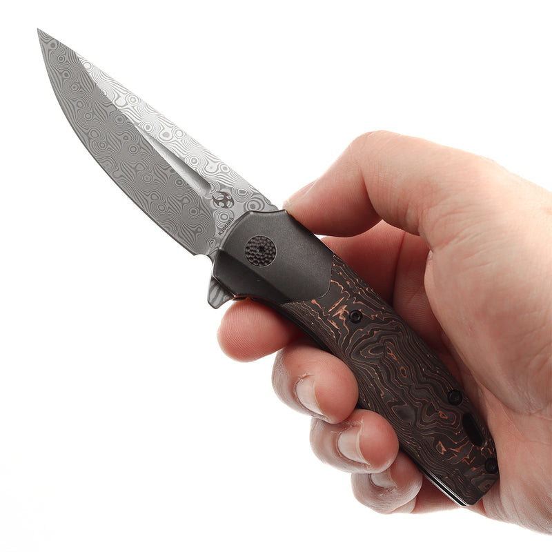 KANSEPT Cassowary Flipper Black Stonewashed Titanium and Copper Carbon Fiber Handle (2.9''Damascus Blade ) Koch Tools Design -K2065B5