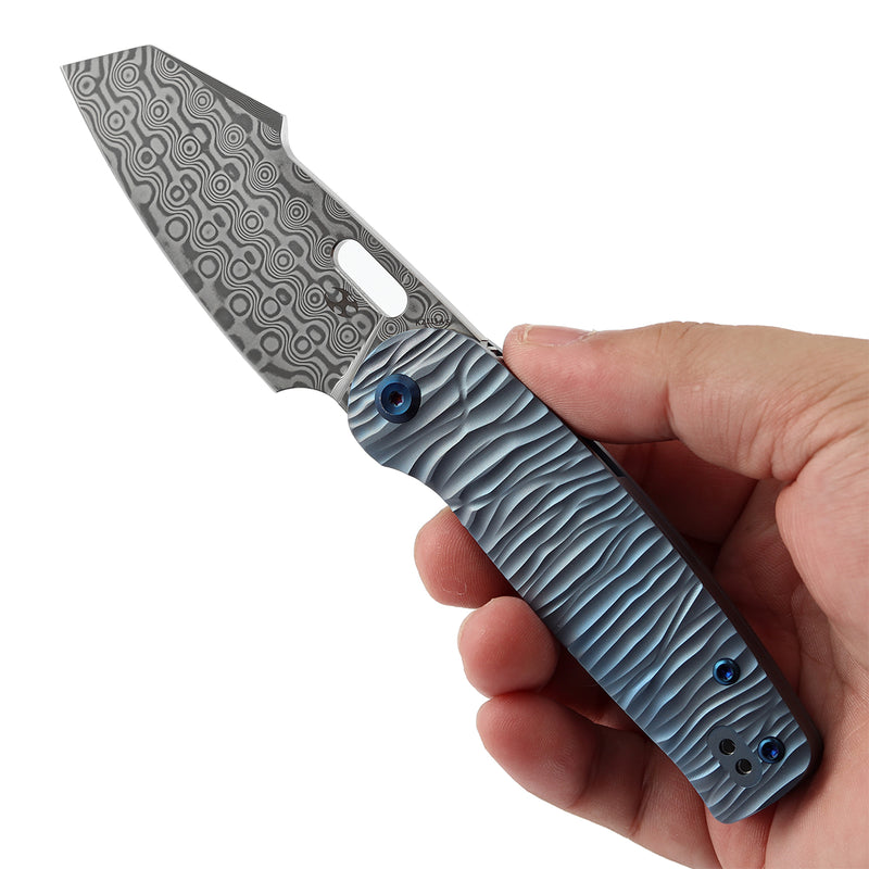 KANSEPT Orlok Thumb Hole Blue Anodized Titanium with Micro Rock Texture(3.03" Damascus) Terry Cour II Design- K2111A5