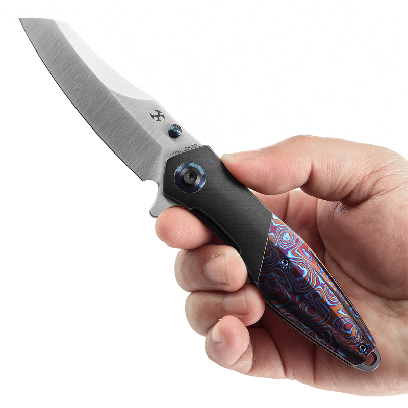 KANSEPT Thumb Stub Mistaken Blackwash Titanium and Timascus with Timascus Clip (3.15" CPM 20CV) Jonathan Styles Design- K1053A3