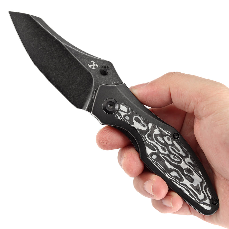 KANSEPT Baba Yaga Thumb Studs Blackwash Ti and Black White Nebula Carbon Fiber Inlay Handle (3.06''CPM 20CV Blade ) Sparrow Knife Design -K1074A3