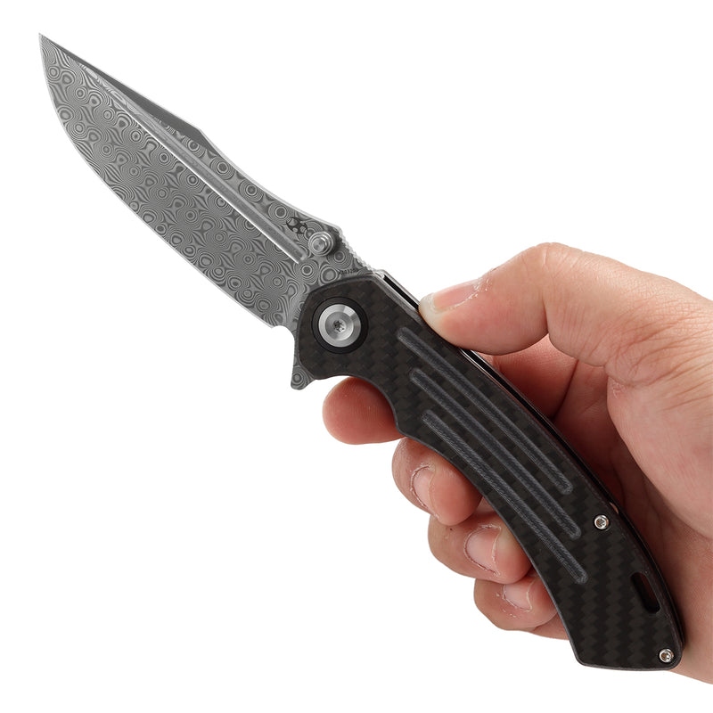 KANSEPT Pretatout Thumb Stub Flipper Carbon Fiber and G10 Handle (3.56“ Damascus Blade) with Kmaxrom Design-K1032D3