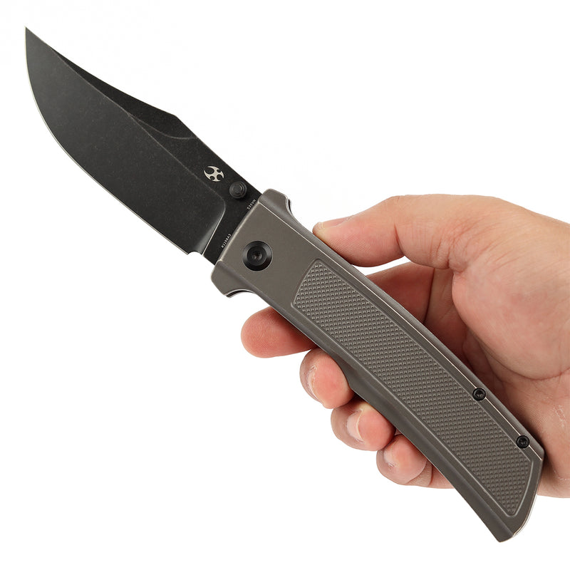 KANSEPT Bison Thumb Stub Grey Anodized and Stonewashed Titanium with Frag Pattern Handle 4.25" CPM S35VN Blade) with Ray Laconico Knives Design-K1108A3