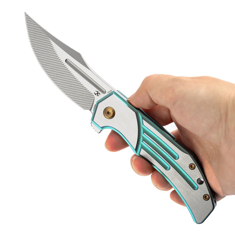 KANSEPT Orion Limited Version Flipper Green Anodized and Machine Satin Titanium Handle (3.07" Machine Satin CPM S35VN with CNC Milling Blade) JB Stout Design-K1089B4