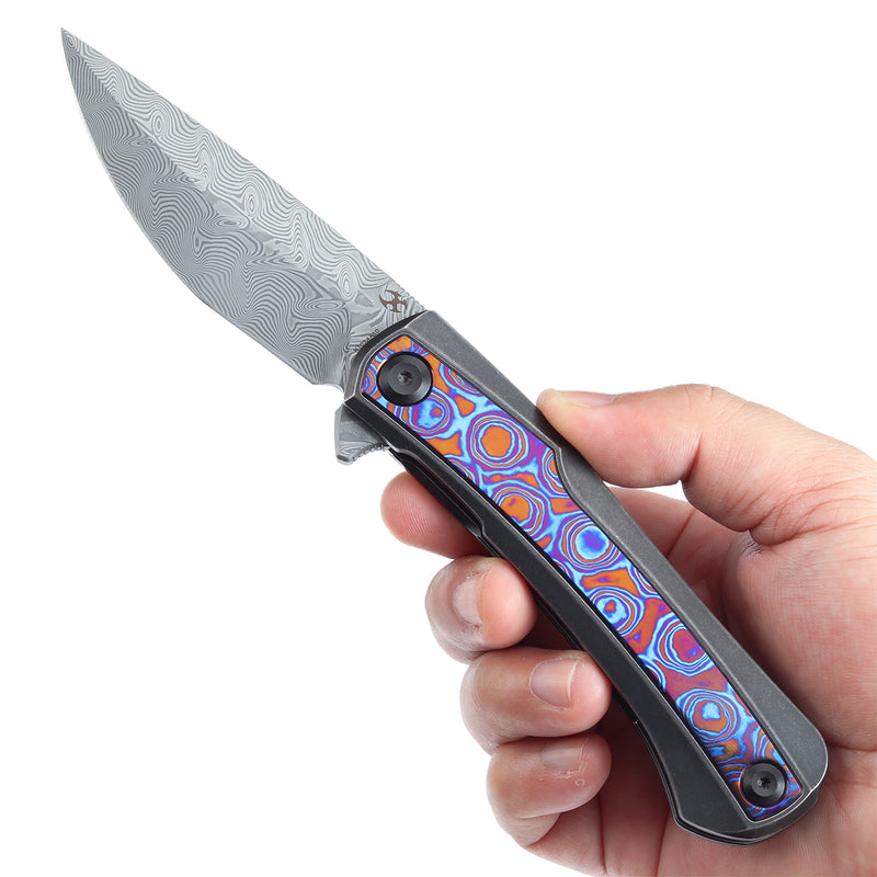 KANSEPT Kratos Flipper Knife Titanium Handle + Timascus Inlay Handle (3.79‘'DamascusBlade)Ostap Hel Design-K1024A10