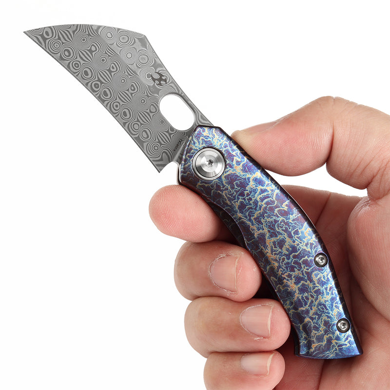KANSEPT Osprey Thumb Hole Knife Lightning Strike Anodized Titanium Handle (2.23'' Damascus Blade) Johnathan Shaw Design - K2087A2