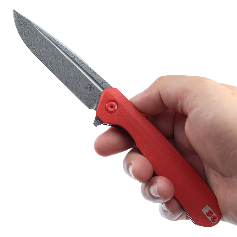 KANSEPT Qilin Flipper Red G10 Handle (3.43''Damascus Blade)Ostap Hel Design -K1047A1