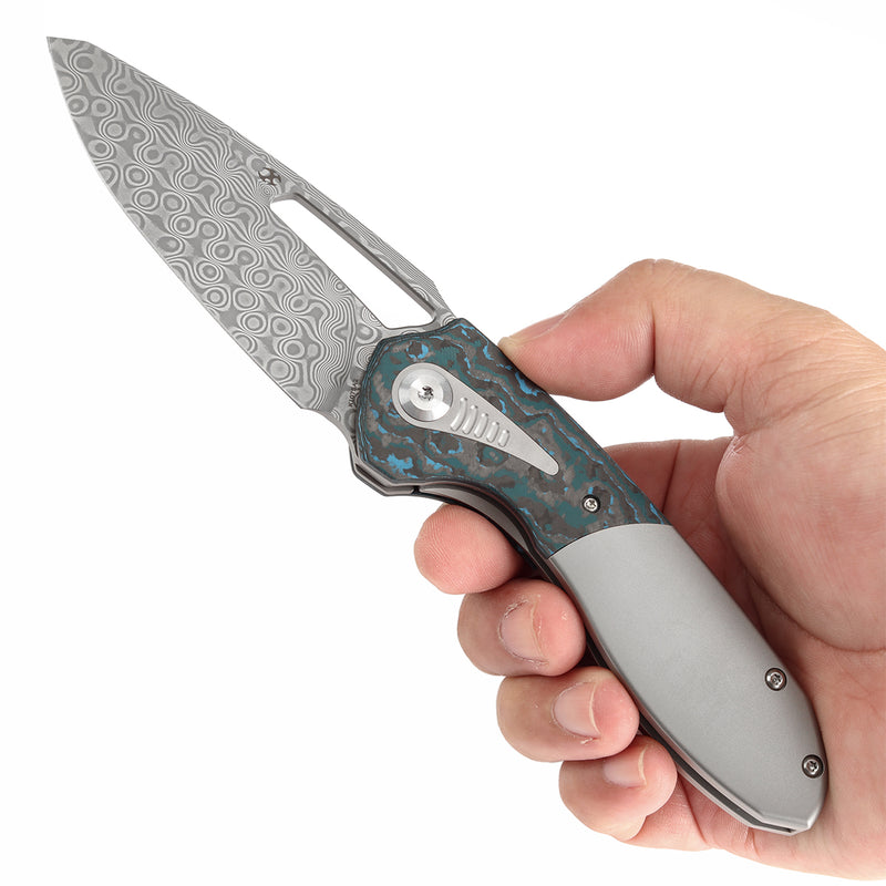 KANSEPT Thoth Thumb Hole Knife Bead Blasted Titanium and Arctic Storm Fat Carbon Handle (3.43''Damascus Blade ) Sparrow Knife Co Design -K1075A2
