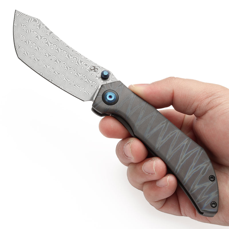 KANSEPT Tipper Thumb Stub Knife Titanium with Tiger Stripe Finish Handle(3.38'' Damascus Blade)Edgy Bladeworks Design-K1079A4