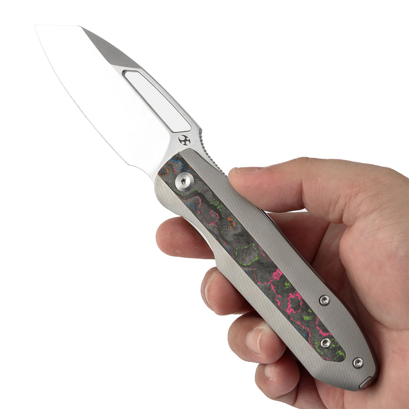 KANSEPT Thunderhead Thumb Hole Stonewashed Titanium with 80S Camo Carbon Fiber Inlay Handle (3.58" CPM S35VN Blade) with K.C. Spiron Design-K1106A4