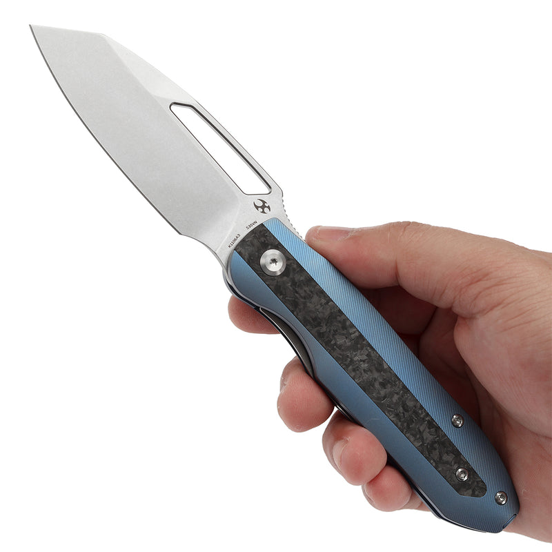 KANSEPT Thunderhead Thumb Hole Blue Titanium with Shred Carbon Fiber Inlay Handle (3.58" CPM S35VN Blade) with K.C. Spiron Design-K1106A3