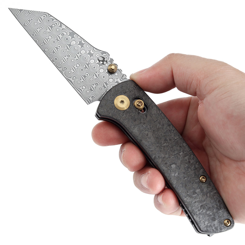 KANSEPT Main Street Thumb Studs/Crossbar Lock Knife Shred Carbon Fiber Handle(3.36''Damascus Blade) Dirk Pinkerton Design-K1015V1