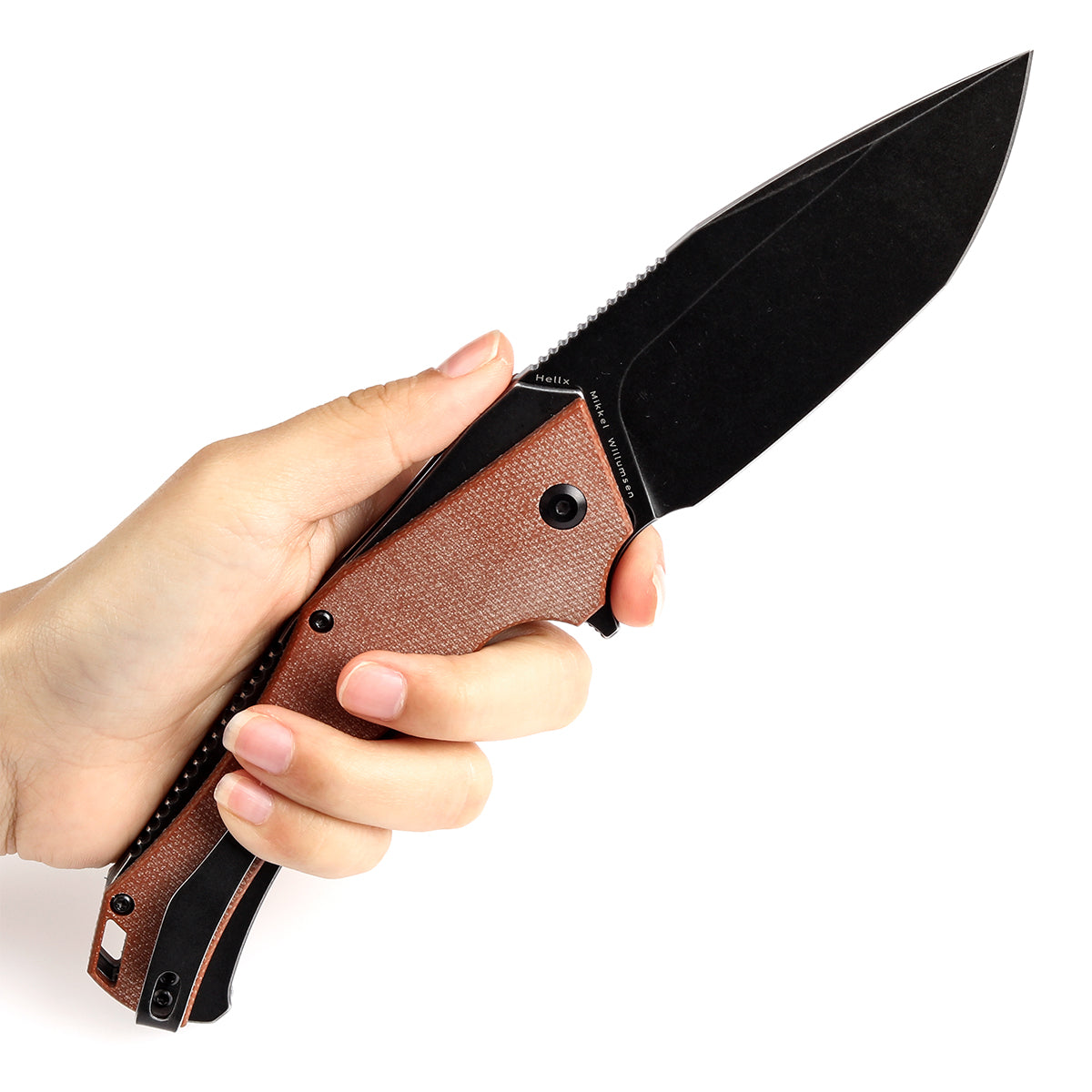 KANSEPT Hellx Button Lock Brown Micarta Handle (3.6''D2 Blade