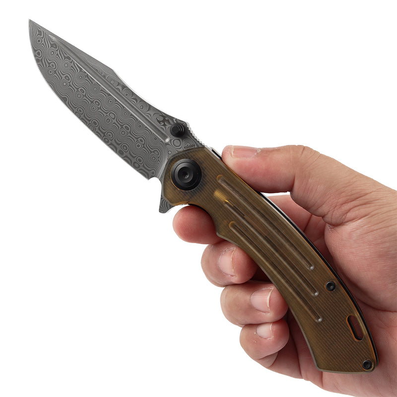 KANSEPT Pretatout Thumb Stub Flipper Amber PEI/Ultem Handle (3.56“ Damascus Blade) with Kmaxrom Design-K1032D4