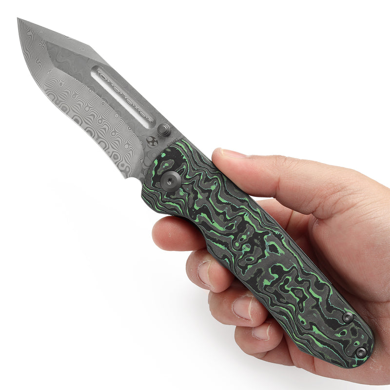 KANSEPT Superhawk Thumb Stub Knife Blackwash Titanium & Green Carbon Fiber Handle(3.89''Damascus Blade) Warhawk Knives Design-K1084B3