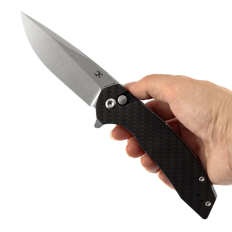 Kansept Accipiter | Button Lock | Twill Carbon FIber & G10 | 3.53" 14C28N Blade | T1007F2