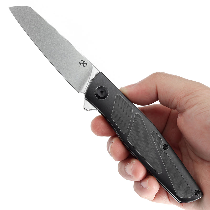 KANSEPT Cru Flipper Knife Blackwash Titanium & Twill Carbon Fiber Handle(3.46''CPM S35VN Blade) Villella Knives Design-K1092A5