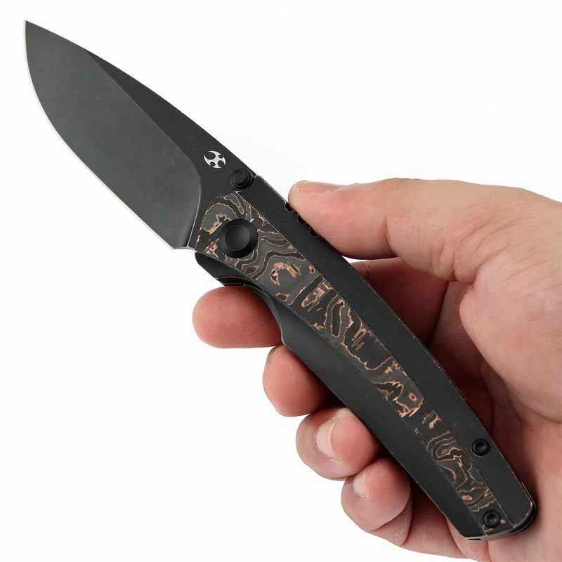 KANSEPT Thumb Stub RavenBlackwash Titanium wtih Copper Carbon Fiber Handle (3.13" CPM 20CV Blade) with Black Bird Blades Design-K2109A3