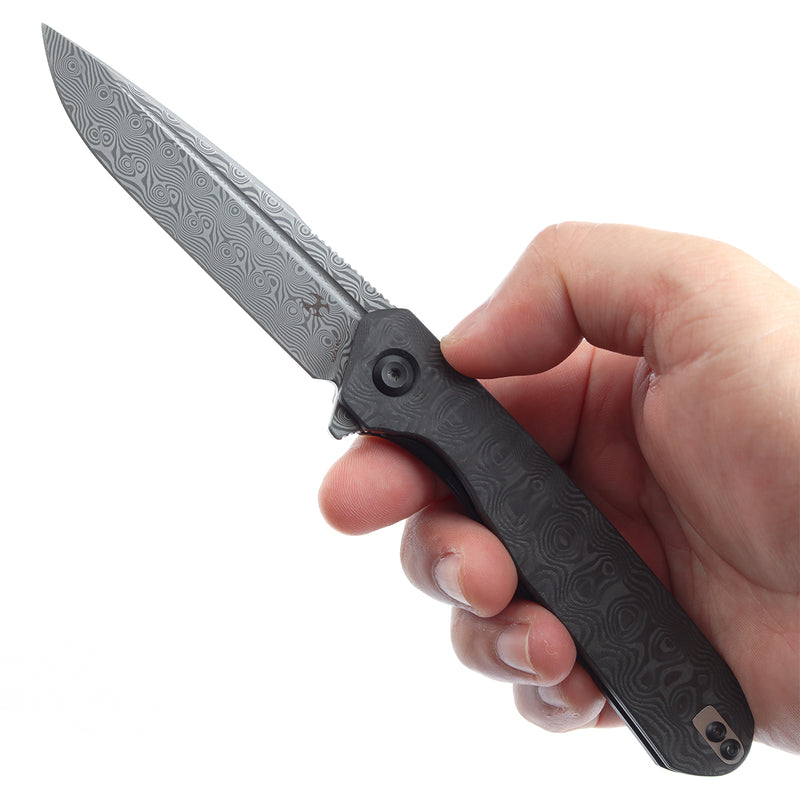 KANSEPT Qilin Flipper Black Rose Carbon Fiber Handle (3.43''Damascus Blade Ostap Hel Design -K1047A2