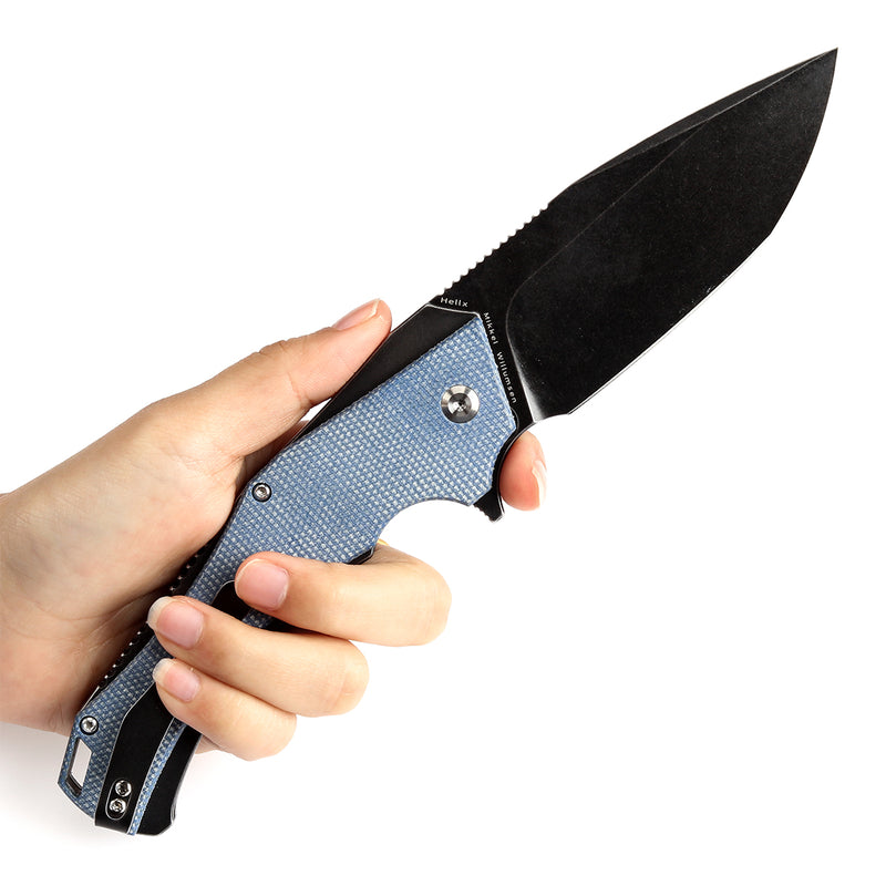 KANSEPT Hellx Button Lock Blue Micarta Handle (3.6''D2 Blade )Mikkel Willumsen Design -T1008F3