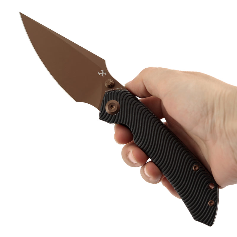 【Preorder】Ship by Dec.20th-KANSEPT Fenrir Frame Lock Blackwash Titanium with Micro Milled Water Ripple Texture Handle (3.48'' Rose Gold CPM S35VN Blade) Sparrow Knife Designed- K1034C3
