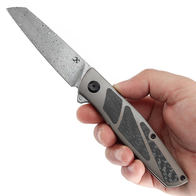 KANSEPT Cru Flipper Knife Bronze Anodized Titanium & Twill Carbon Fiber Handle(3.46''Damascus Blade) Villella Knives Design-K1092A4