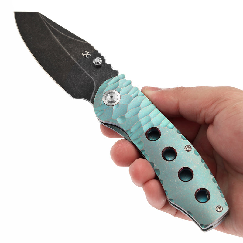 KANSEPT Caveman Thumb Stub Green Anodized and Stonewashed Titanium with CNC-machined Rock Pattern Handle (3.57" CPM 20CV Blade) with Jesse Pauley Design-K1110A3