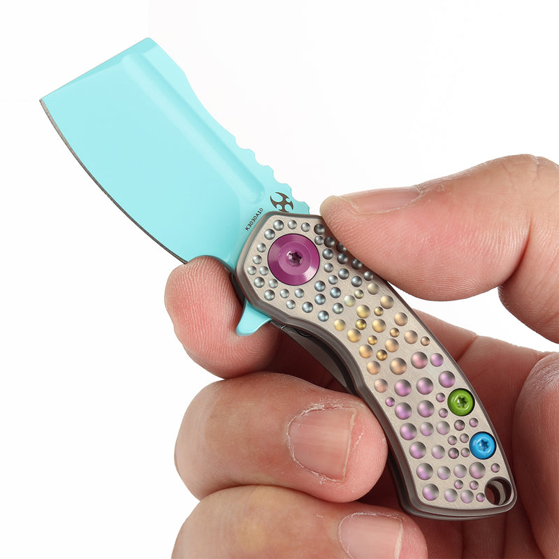 KANSEPT Mini Korvid Flipper knife Gradient Titanium Handle With Dimples Handle (1.45'' Light Blue Coating CPM S35VN Blade ) Koch Tools Design-K3030A10