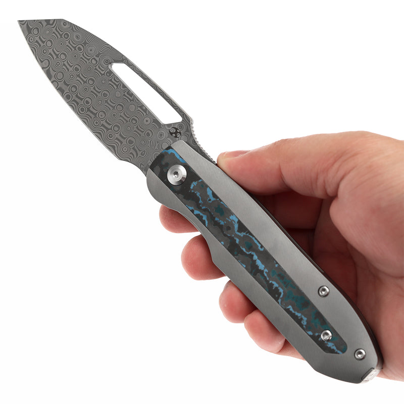 KANSEPT Thunderhead Thumb Hole Stonewashed Titanium with Artic Storm Carbon Fiber Handle (3.58" Damascus Blade) with K.C. Spiron Design-K1106A5
