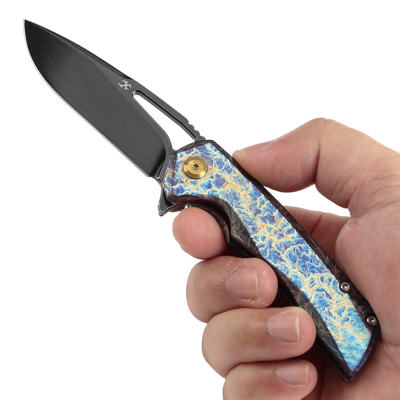 KANSEPT Mini Kryo Thumb Hole Titanium with Lightning Strike Finish Handle (2.9" CPM S35VN Blade) Kim Ning Design-K2001A6