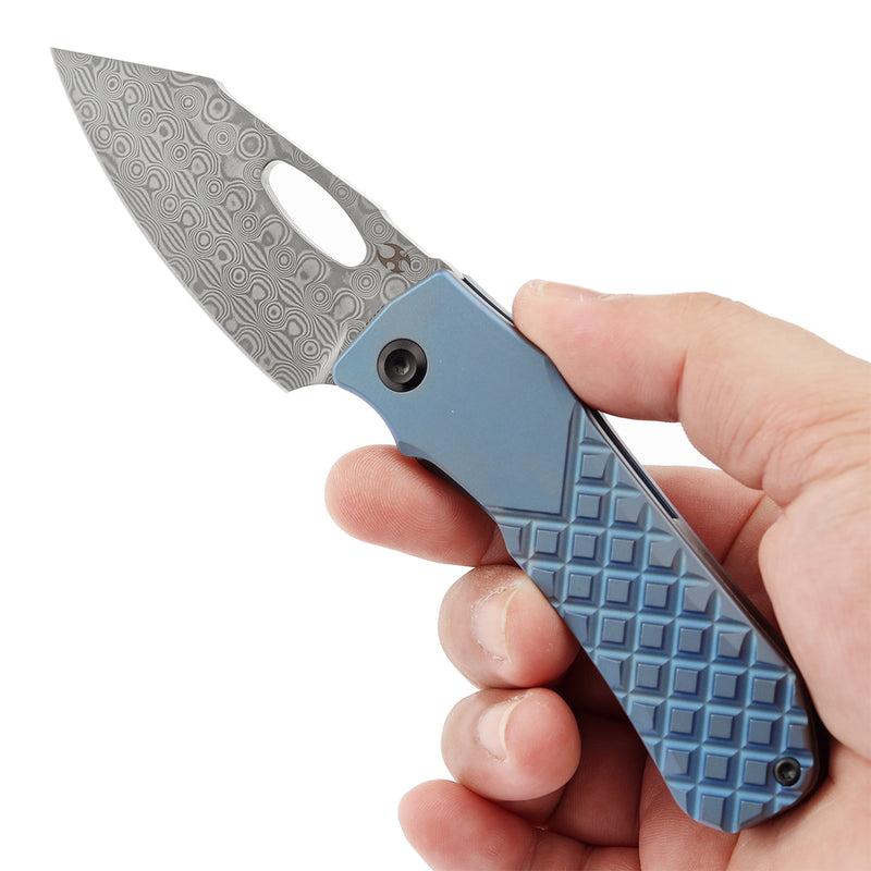 KANSEPT Loki Thumb Hole Knife Blue Anodized Titanium with Frag Pattern Handle (2.99''Damascus Blade)Steven Dunnuck Design-K1058B7
