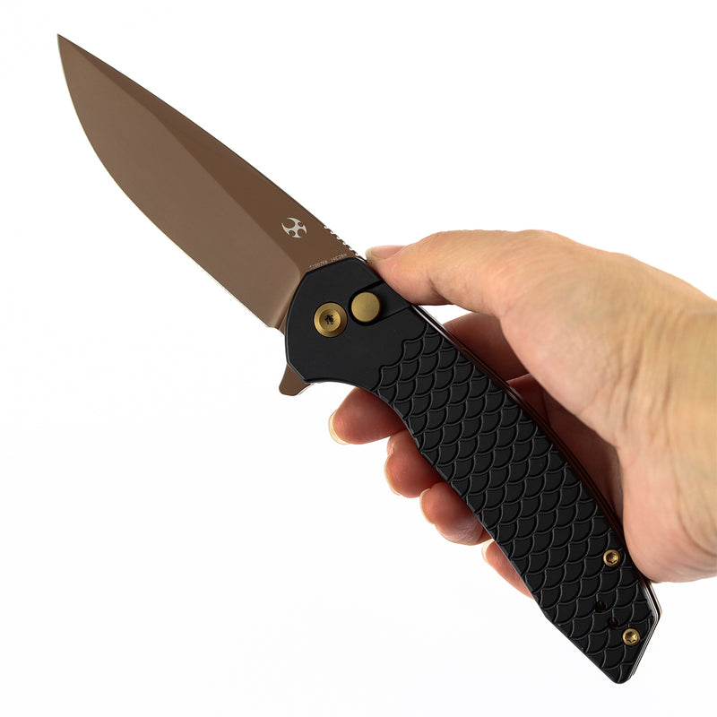 Kansept Accipiter | Button Lock | Black Anodized Aluminum with Fish Scale Texture | 3.53" Rose Gold 14C28N Blade | T1007F6