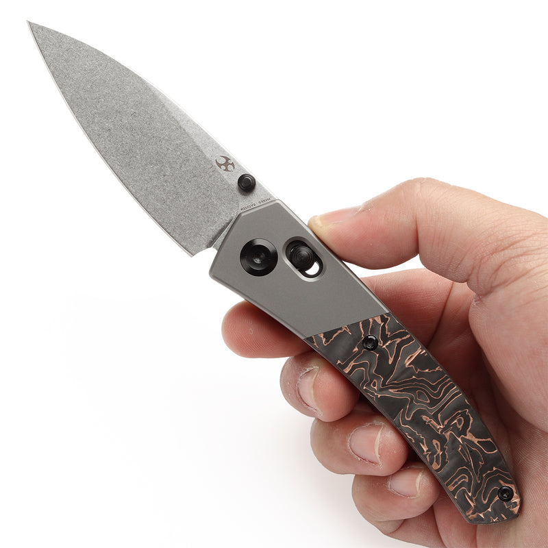 KANSEPT Dako Cross Bar Lock Stonewashed Titanium with Copper Carbon Fiber Handle (3.19" CPM S35VN Blade) with Eddy M Design-K1101V2