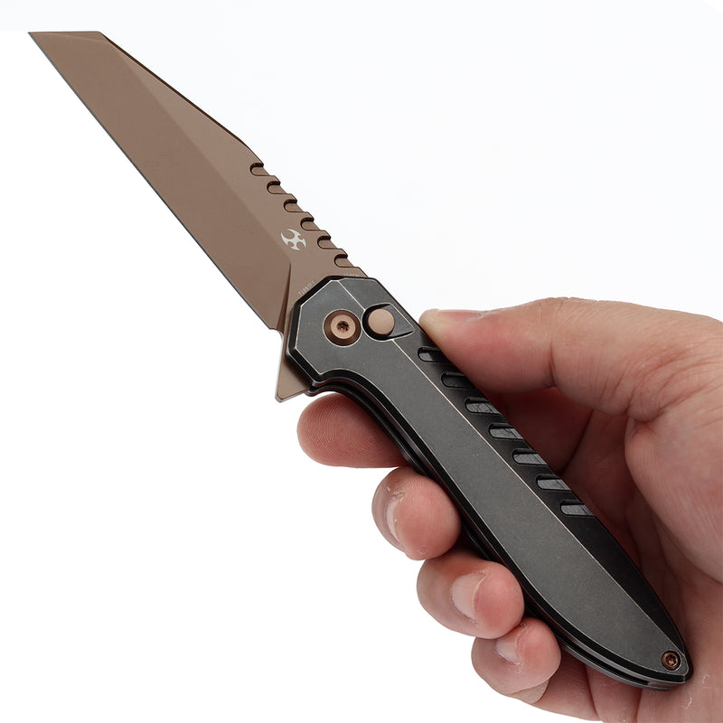 KANSEPT Kosame Button Lock Blackwash Titanium with Black G10 (3.37" Rose Gold Coated 154CM Blade) with EI Spade Design-T1093F7