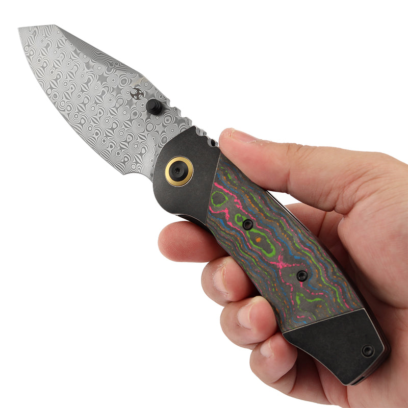 KANSEPT Caveman Thumb Stub Blackwash Titanium wtih 80's CamoCarbon Handle (3.57"Damascus Blade) with Jesse Pauley Design-K1110B3