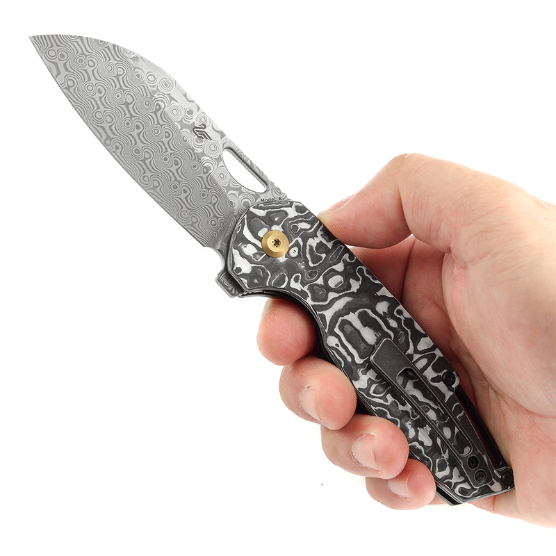 KANSEPT Model 6 Left-handed Flipper/Thumb Hole Knife Black White Carbon Fiber Handle (3.1'' Damascus Blade) -K1022L1