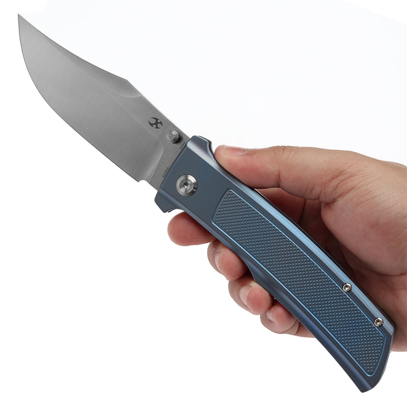 KANSEPT Bison Thumb Stub Blue Anodized Titanium with Frag Pattern Handle (4.25" CPM S35VN Blade) with Ray Laconico Knives Design-K1108A2
